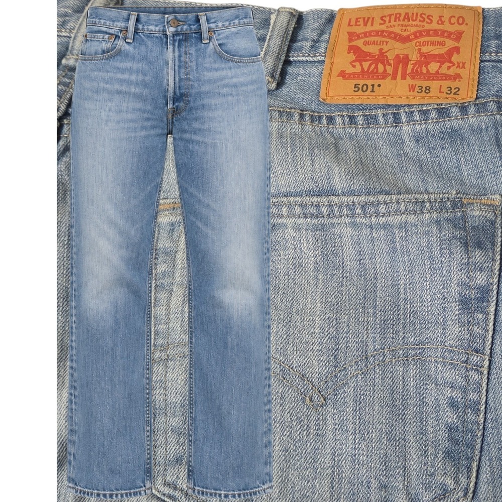 Levi's 501 Original Fit Jeans Mens 38x32 Light Wash Blue Button Fly Denim